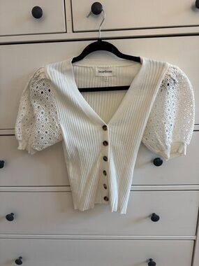 Heartloom Cream Eyelet Puff-Sleeve Ribbed Button-Up Top